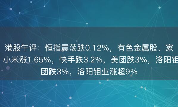 港股午评：恒指震荡跌0.12%，有色金属股、家电股强势！小米涨1.65%，快手跌3.2%，美团跌3%，洛阳钼业涨超9%